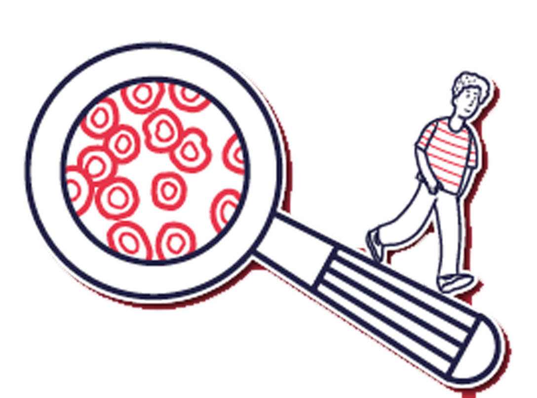Illustration d'une personne marchant sur le manche d'une loupe qui observe des globules rouges.