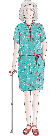 Illustration d'Agnès, une patiente. Elle représente une femme blanche aux cheveux blancs, et est habillée d'une robe turquoise à motifs. Elle est aidée d'un canne.