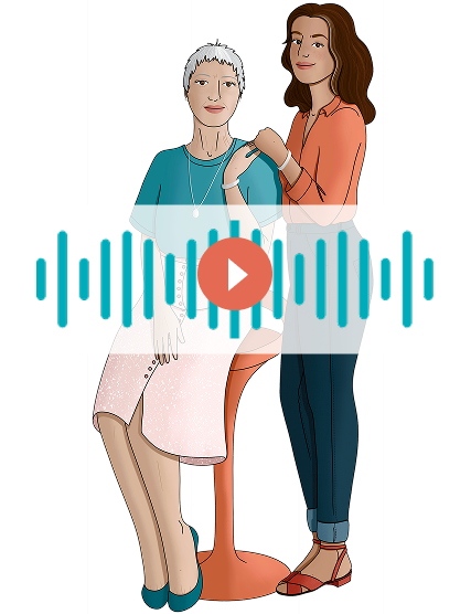 Illustration de Marie et de sa maman Corinne, une patiente atteinte d'un cancer de l'ovaire. Marie se tient debout, avec une main posée sur l'épaule de sa maman, assise sur un tabouret en hauteur.