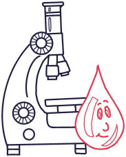 Goutte de sang cartoon avec un microscope en arrière-plan, symbolisant l'analyse médicale.