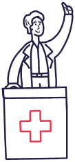 Un médecin cartoon tenant une boîte avec une croix rouge dessus.
