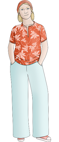 Illustration de Sylvie, une patiente. Elle représente une femme blanche, habillée d'un chemisier orange à fleurs ainsi que d'un pantalon blanc large.