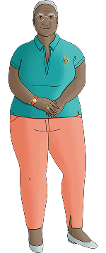 Illustration de Nadine, une patiente. Elle représente une femme noire de + de 60 ans, habillée d'un pantalon rose et d'un chemisier bleu.