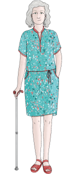 Illustration d'Agnès, une patiente. Elle représente une femme blanche aux cheveux blancs, et est habillée d'une robe turquoise à motifs. Elle est aidée d'un canne.