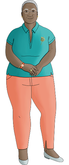 Illustration de Nadine, une patiente. Elle représente une femme noire de + de 60 ans, habillée d'un pantalon rose et d'un chemisier bleu.
